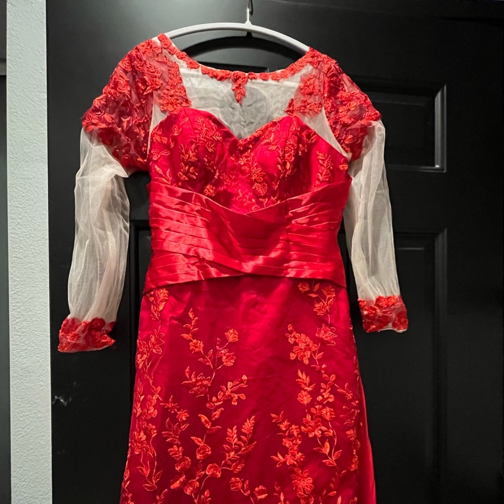 Elegant Red Floral Dress with Sheer Sleeves